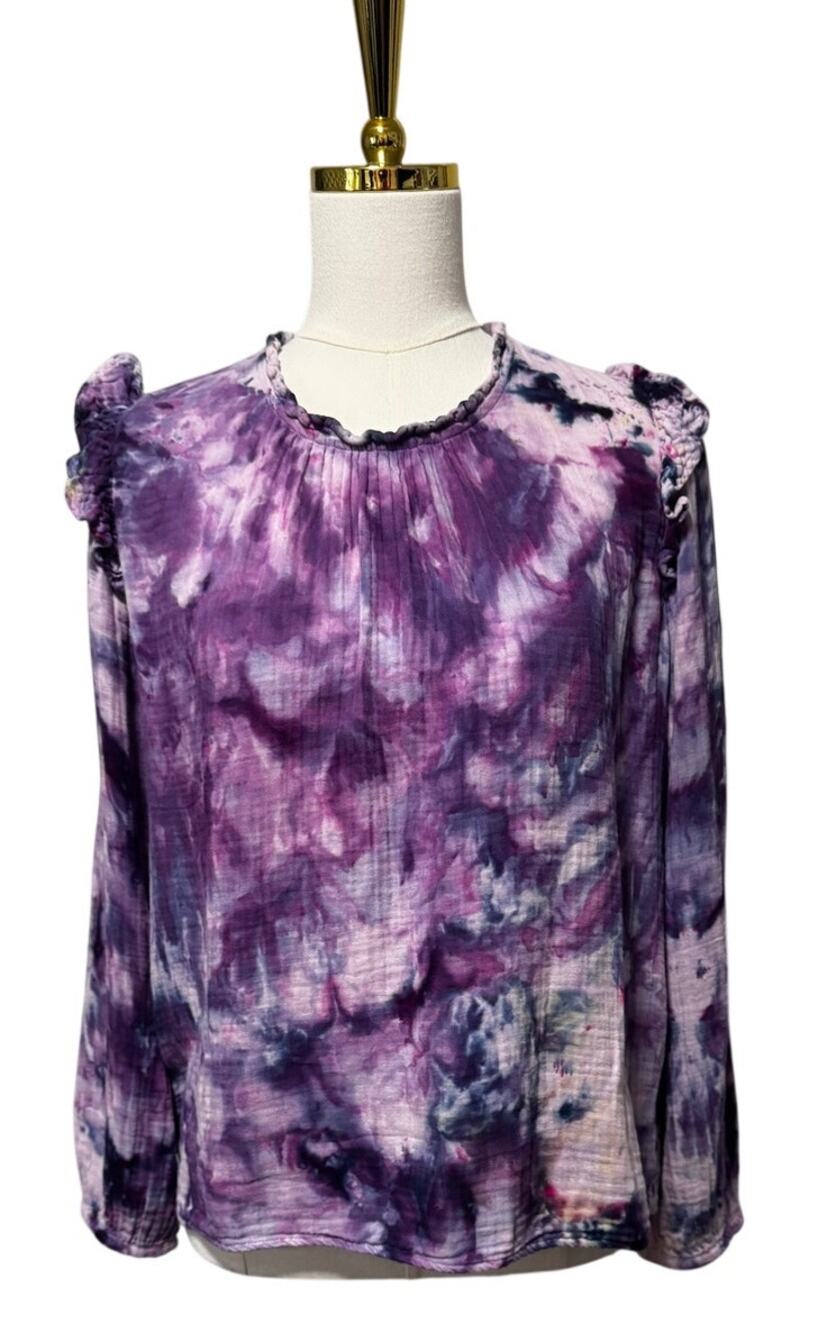 XIRENA Lanie Purple Ice Tie Dye Cotton Gauze Ruffle Shoulder Blouse Size Medium